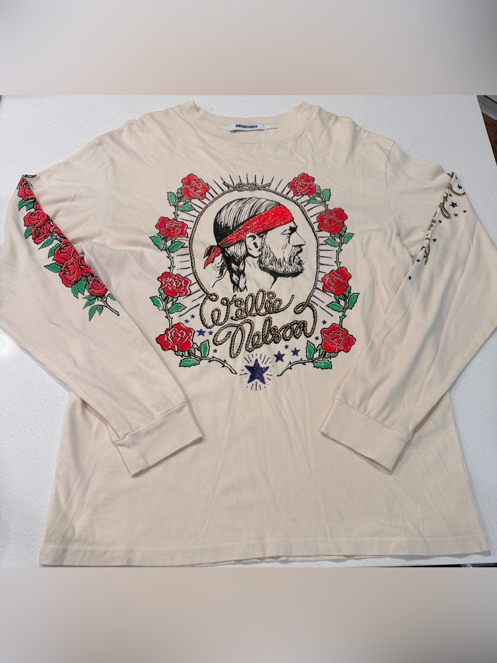 NWOT Willie Nelson Graphic Long Sleeve Shirt - Cream with Red Roses